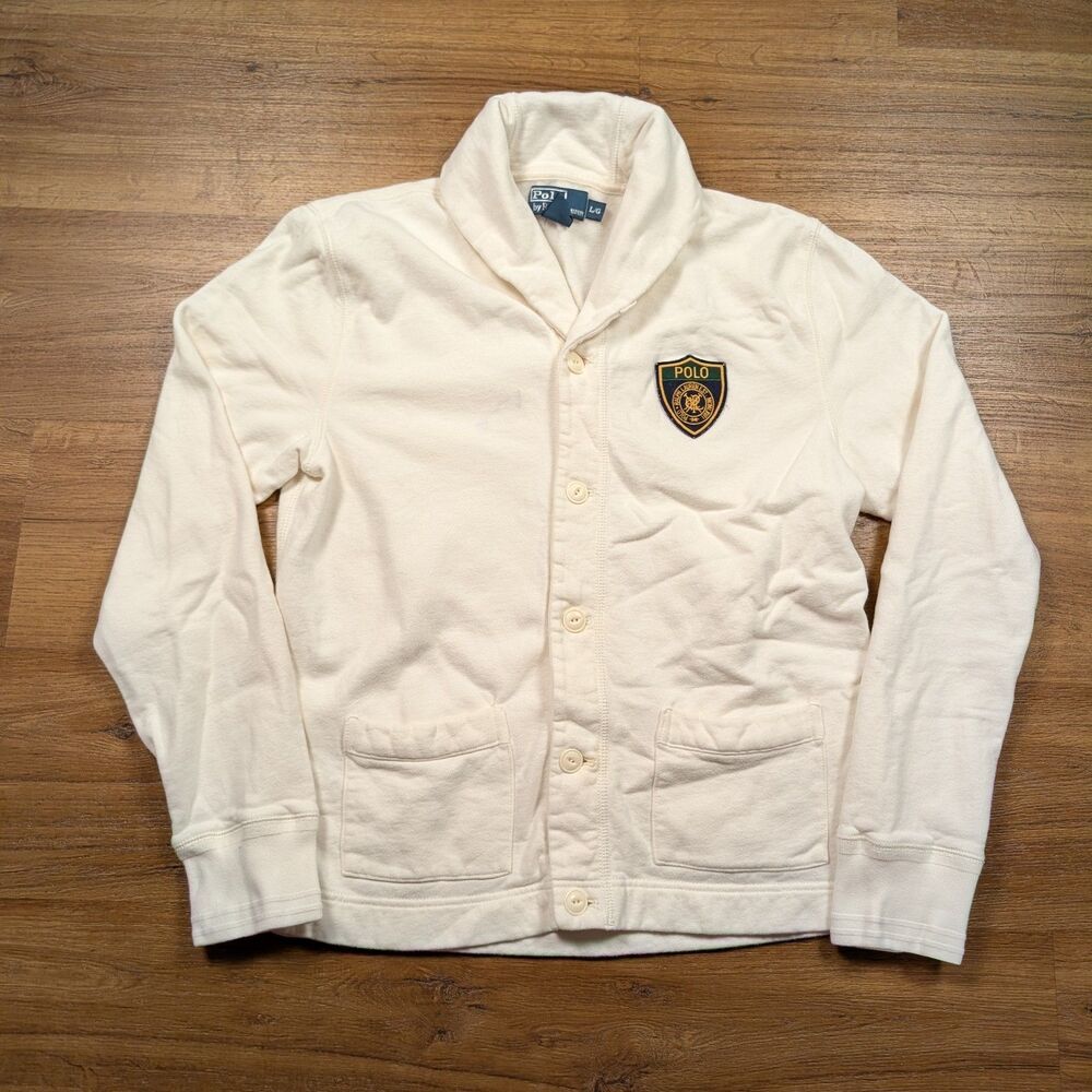 Vintage Polo Ralph Lauren Shawl Collar Cardigan Men's Large White Crest Logo